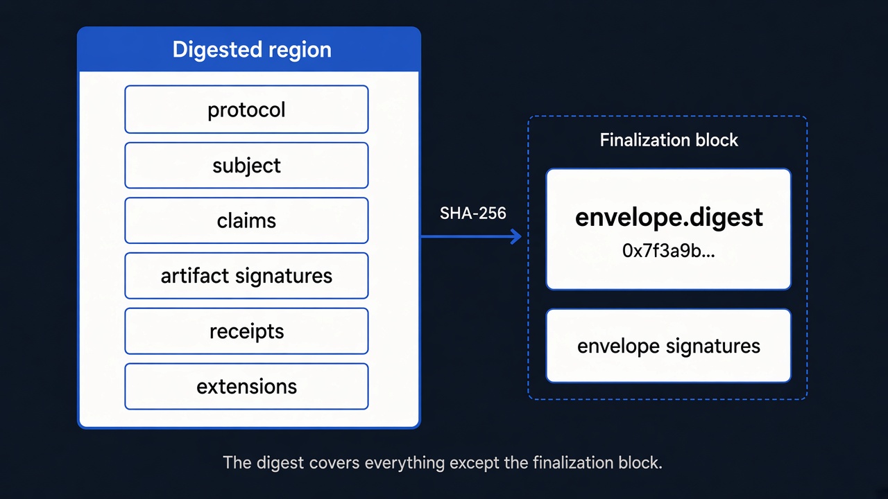 A region labeled Digested region listing protocol, subject, claims, artifact signatures, receipts, and extensions, with a SHA-256 arrow to a finalization block holding envelope.digest and envelope signatures. Caption: The digest covers everything except the finalization block.