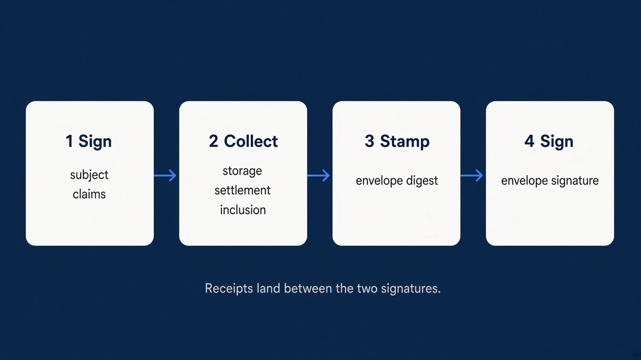Four cards in a row: Sign, with subject and claims; Collect, with storage, settlement, and inclusion; Stamp, with envelope digest; Sign, with envelope signature. Caption: Receipts land between the two signatures.
