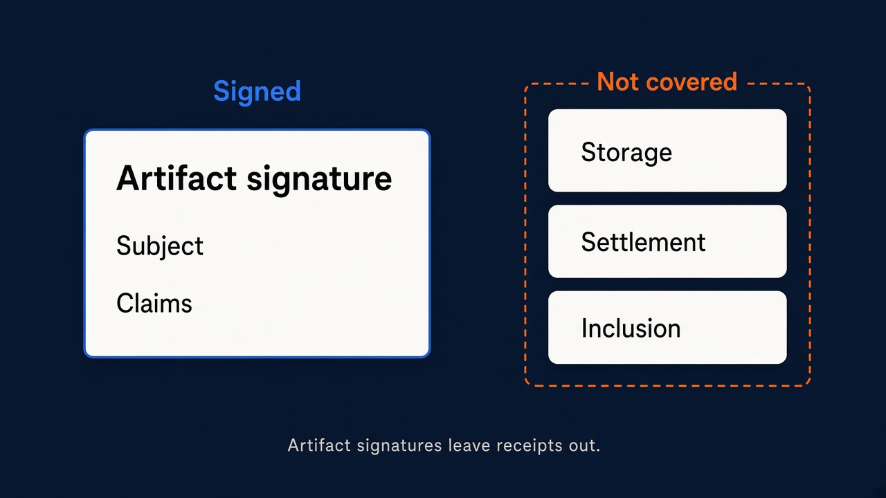 A card labeled Artifact signature covering Subject and Claims, marked Signed, beside three cards labeled Storage, Settlement, and Inclusion, marked Not covered. Caption: Artifact signatures leave receipts out.