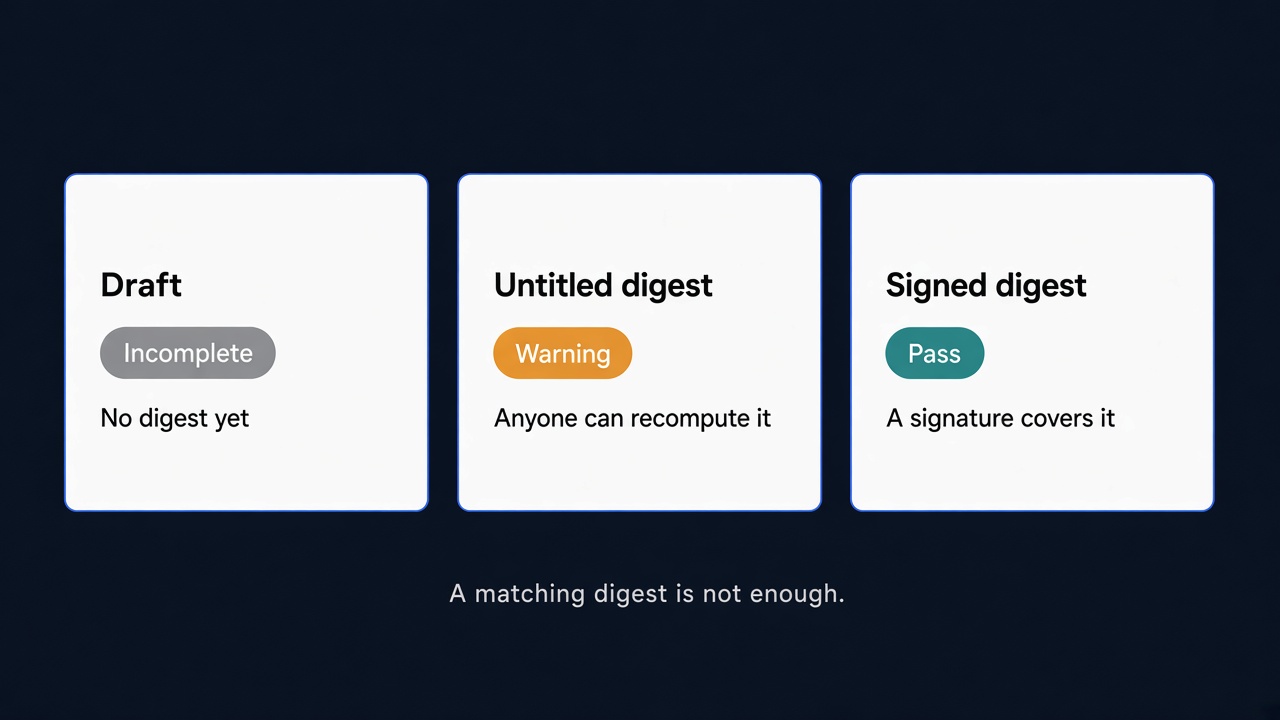 Three cards: Draft marked Incomplete, with the line No digest yet; Unsigned digest marked Warning, with the line Anyone can recompute it; Signed digest marked Pass, with the line A signature covers it. Caption: A matching digest is not enough.