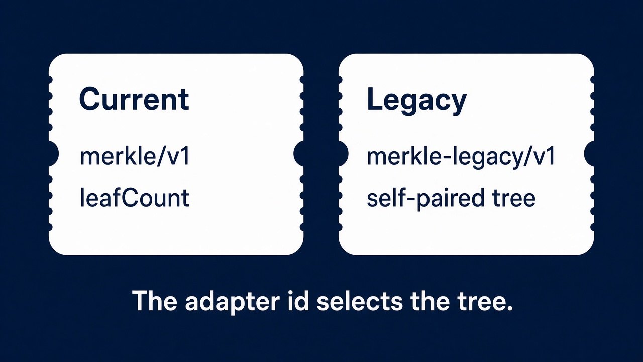 Two receipt cards. The current card reads merkle/v1 and lists leafCount. The legacy card reads merkle-legacy/v1 and lists a self-paired tree. Caption: The adapter id selects the tree.