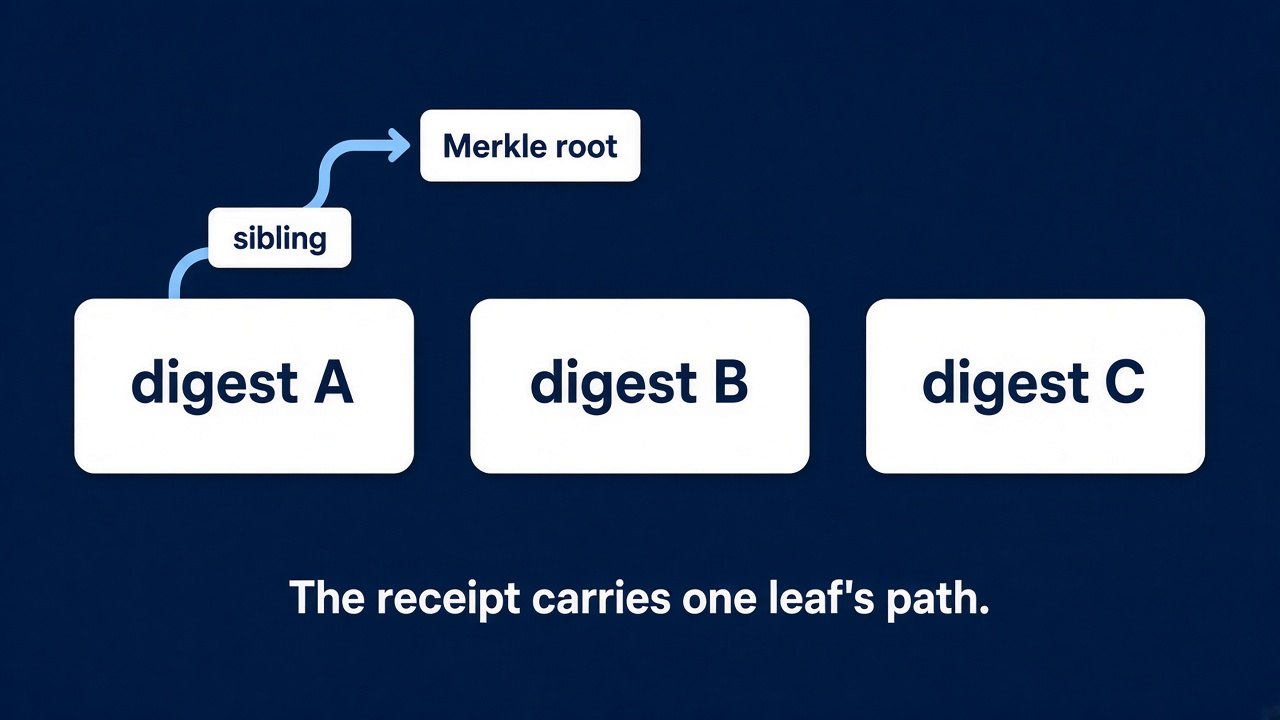 Three digests in a row. A light-blue path runs from the first digest through one sibling to a Merkle root. The other two digests have no highlighted path. Caption: The receipt carries one leaf's path.