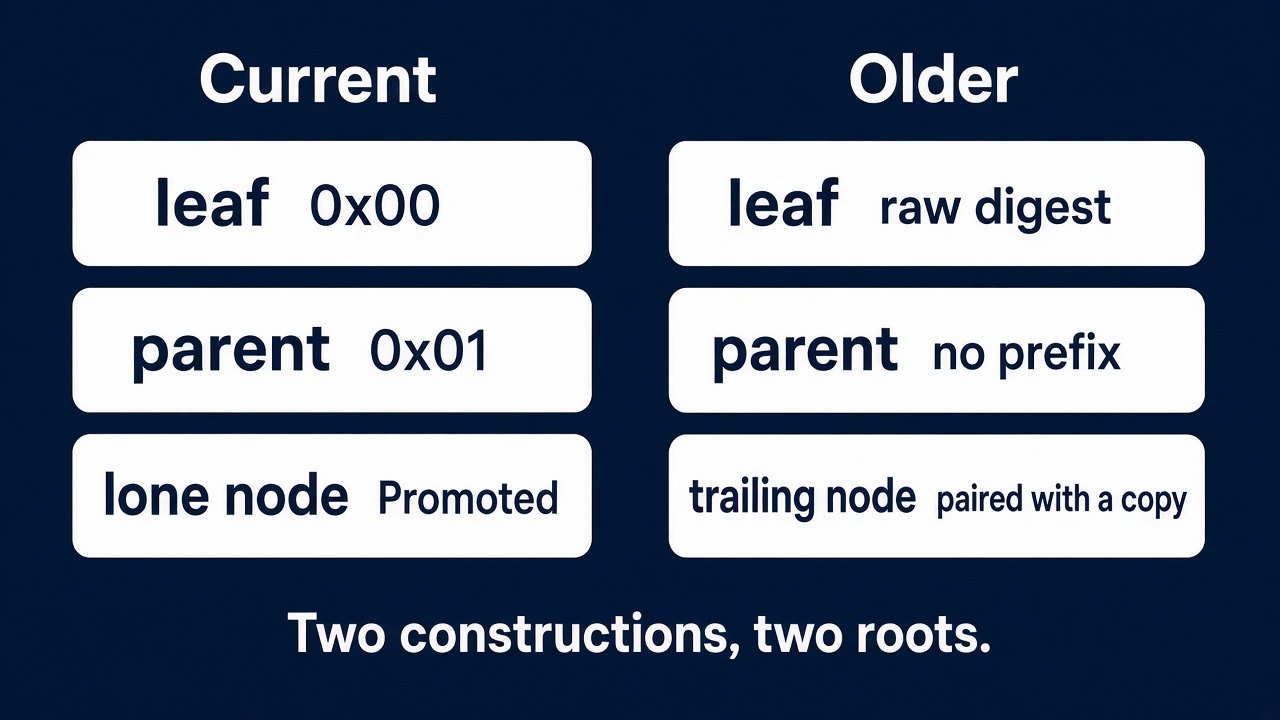 Two columns. The current column shows a leaf tagged 0x00, a parent tagged 0x01, and a lone node marked Promoted. The older column shows raw digests, an unprefixed parent, and a trailing node paired with a copy of itself. Caption: Two constructions, two roots.