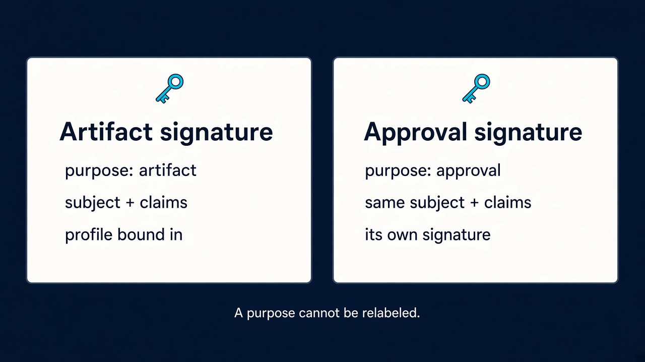 Two cards labeled Artifact signature and Approval signature, with purposes artifact and approval, captioned A purpose cannot be relabeled.