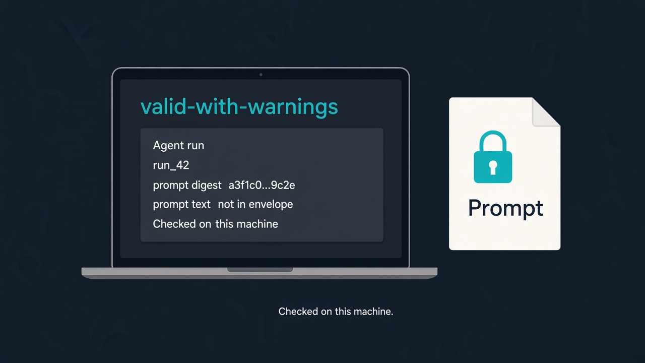 A laptop receipt headed valid-with-warnings for run_42, noting that the prompt text is not in the envelope, beside a locked card labeled Prompt.