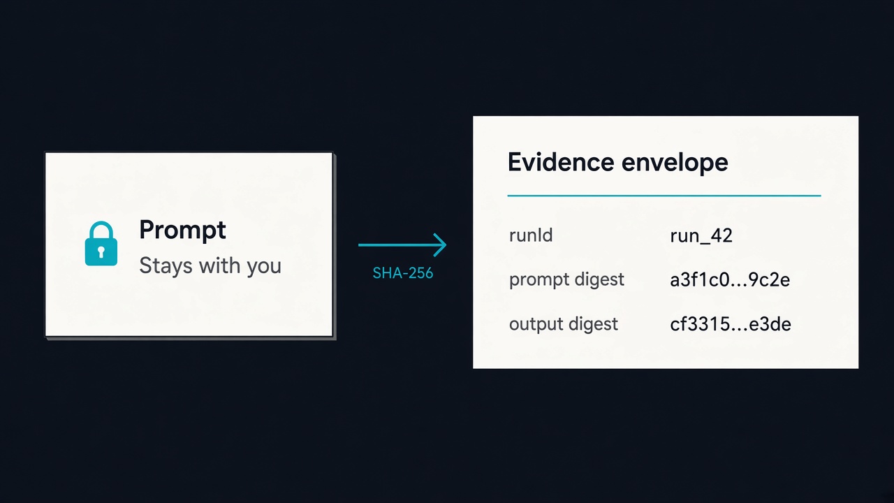 A card labeled Prompt, captioned Stays with you, with a SHA-256 arrow into an evidence envelope listing a run id, a prompt digest, and an output digest.