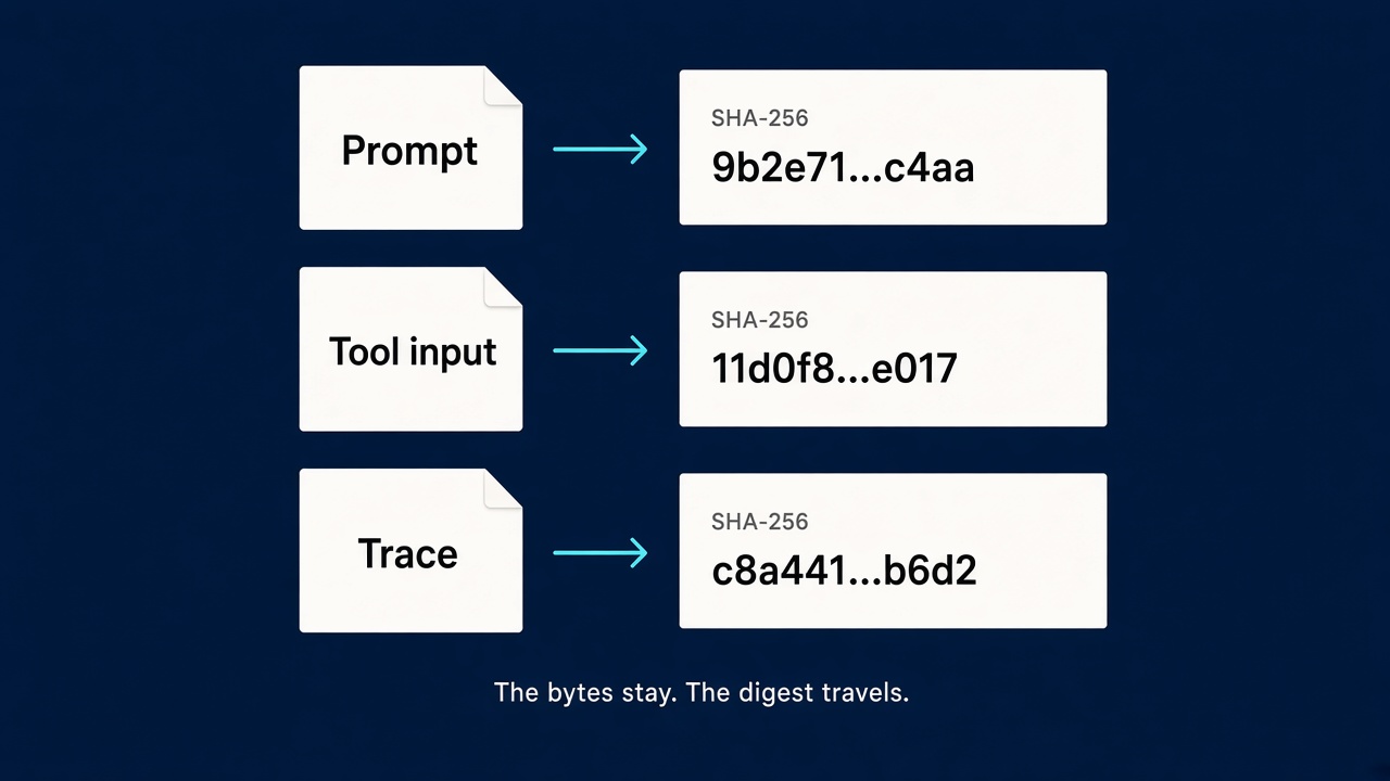 Three rows labeled Prompt, Tool input, and Trace, each reduced to a SHA-256 digest, captioned The bytes stay. The digest travels.
