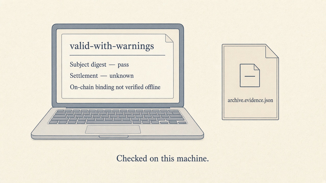 A laptop receipt headed valid-with-warnings. The lines read Subject digest — pass, Settlement — unknown, and On-chain binding not verified offline, beside a file card labeled archive.evidence.json. Caption: Checked on this machine.
