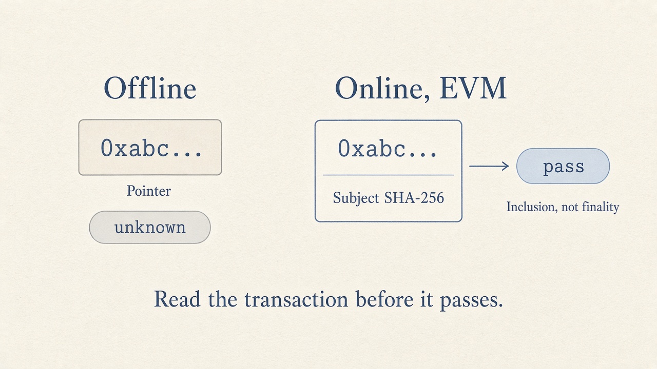Two columns. Offline shows a transaction hash labeled Pointer with status unknown. Online, EVM shows that hash bound to a Subject SHA-256 with status pass and the line Inclusion, not finality. Caption: Read the transaction before it passes.