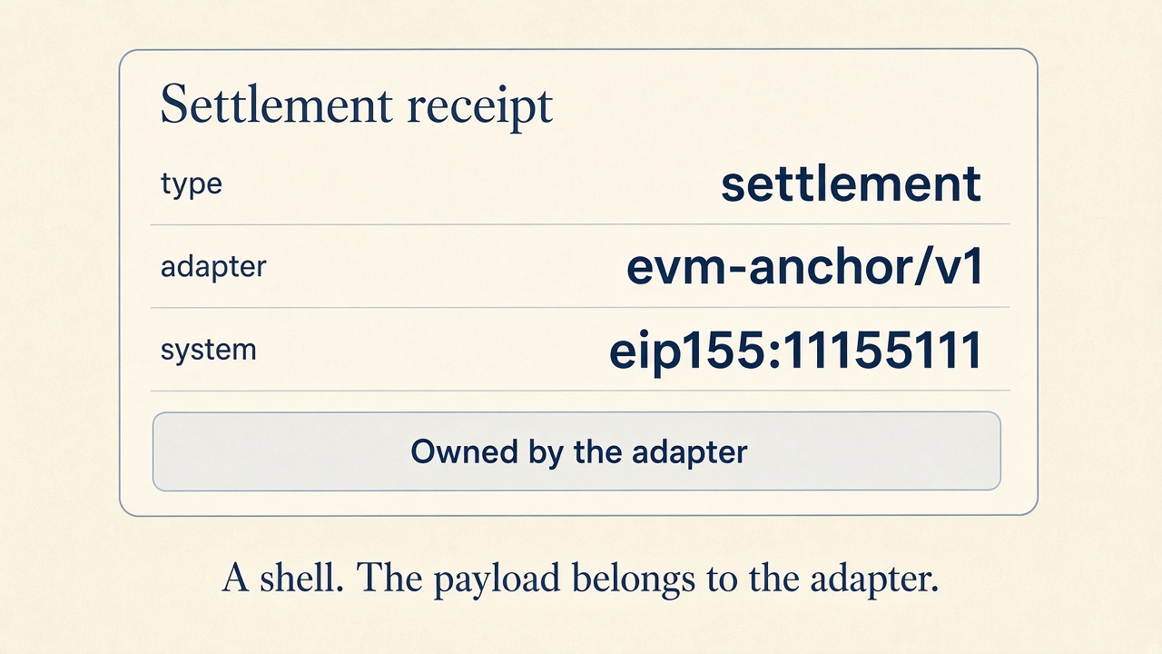 A settlement receipt card with the rows type settlement, adapter evm-anchor/v1, and system eip155:11155111, plus an inner box reading Owned by the adapter. Caption: A shell. The payload belongs to the adapter.