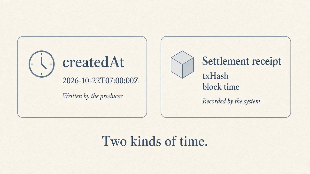 Two cards. The left is labeled createdAt with the time 2026-10-22T07:00:00Z, captioned Written by the producer. The right is a settlement receipt with a transaction hash and a block time, captioned Recorded by the system. Caption: Two kinds of time.