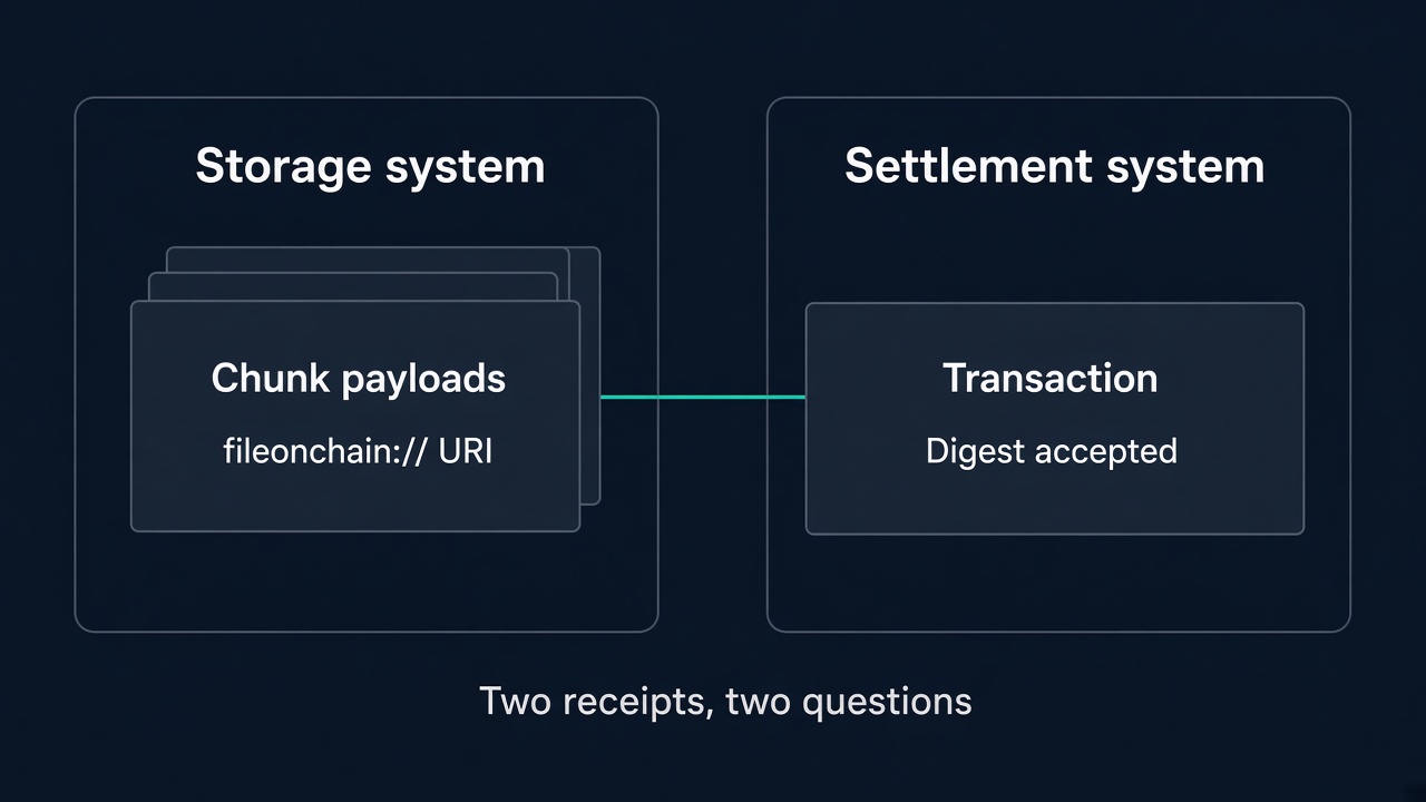 Two columns. The storage column shows chunk payloads and a fileonchain URI. The settlement column shows a transaction naming the same digest. Caption: Two receipts, two questions.
