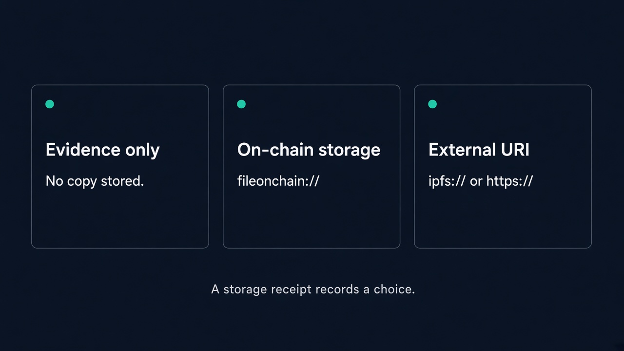 Three cards labeled Evidence only, On-chain storage, and External URI, with the lines No copy stored, fileonchain://, and ipfs:// or https://. Caption: A storage receipt records a choice.