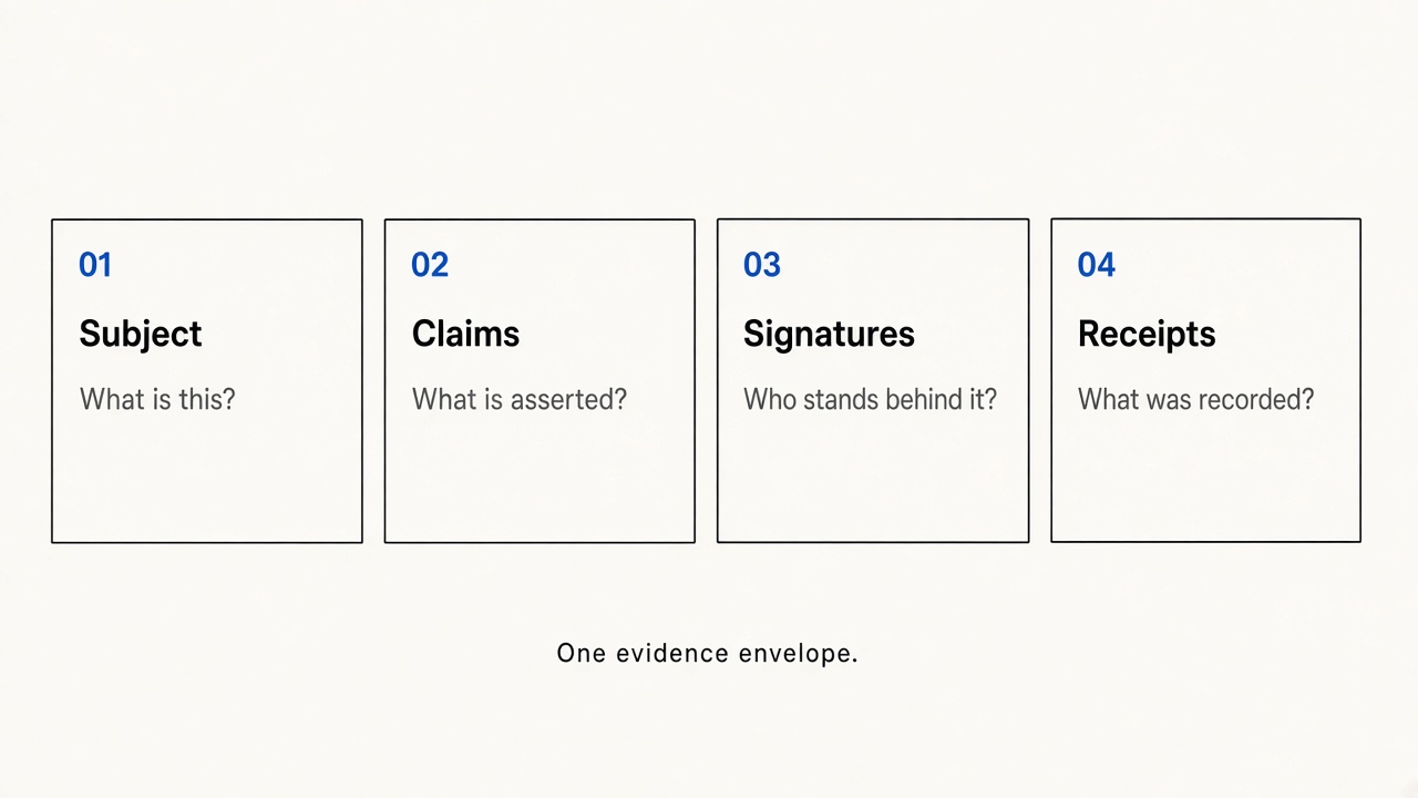 Four cards labeled Subject, Claims, Signatures, and Receipts, captioned One evidence envelope.