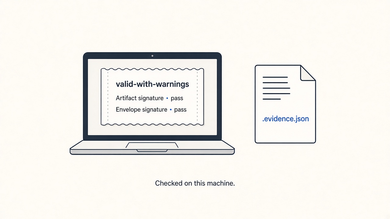 A laptop showing a receipt headed valid-with-warnings, beside a file named .evidence.json, captioned Checked on this machine.