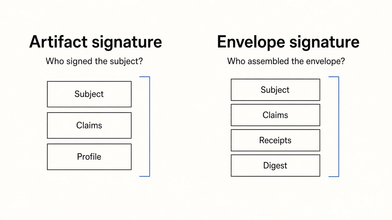 Two panels: an artifact signature over subject, claims, and profile, and an envelope signature over subject, claims, receipts, and digest.